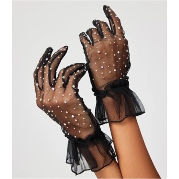 New Black Rhinestone Tulle Gloves - Picture 2 of 12